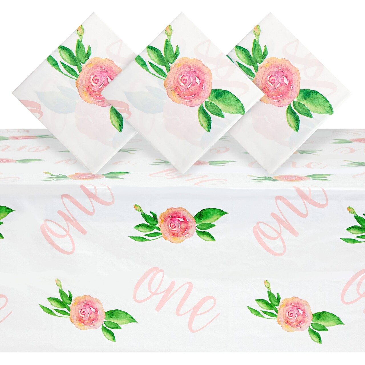 Juvale 1st Birthday Tablecloths for Girls - 54 x 108 in, 3-Pack, Pink Floral Plastic - Some Bunny is One Theme & Waterproof Disposable Cover - Birthday Party Decoration
